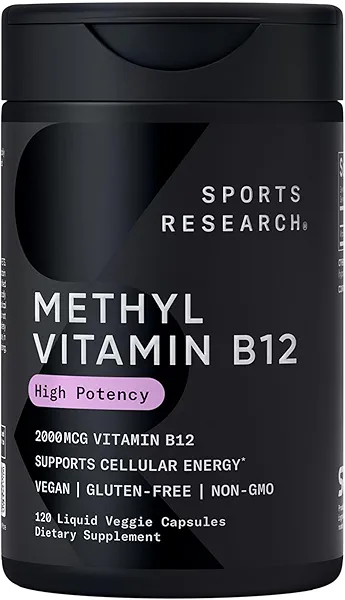 Sports Research® Vitamin B12 as Methylcobalamin 2000mcg - Plant Based B12 w/Coconut MCT Oil for Energy Metabolism Support - Vegan Certified · Non-GMO · Gluten Free - 120 Liquid Caps