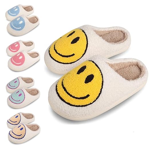 dubuto Smile Face Slippers for Girls Boys, Cute Soft Plush Anti-slip Fluffy Fuzzy House Slippers with Memory Foam Warmth Cartoon Happy face Shoes for Indoor Outdoor