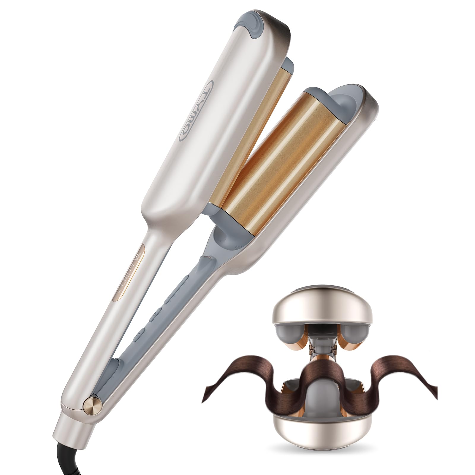 TYMOROVY Hair Waver Crimper - Hair Curler, Deep Waver Curling Iron, Ionic Curling Wand with Ceramic Tourmaline Barrel for Women, Anti-Scald, Quick & Easy, Dual Voltage, Elegant Gold 32mm