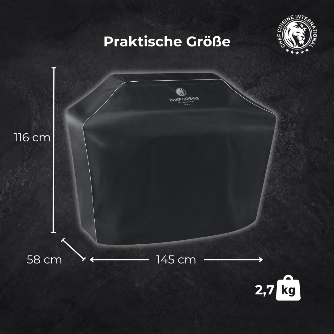 Chef Cuisine BBQ Grill-Abdeckung XL – Gasgrill Abdeckung wetterfest, Grill Abdeckhaube aus Oxford-Gewebe, wasserfeste und UV-beständige Grillabdeckung mit Einstellbarer Weite, 145x116x56 cm, schwarz