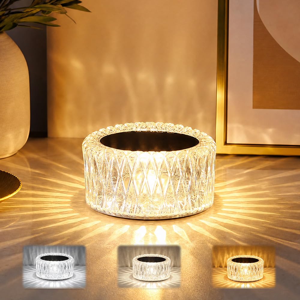 Photo 1 of OXESLU Portable Crystal LED Table Lamp, 3 Color Touch Lamp Cordless Crystal, Cry-stal Desk Lam-p Motion Cordless with Touch Control & Stepless dimming for Bedroom Living Room Party