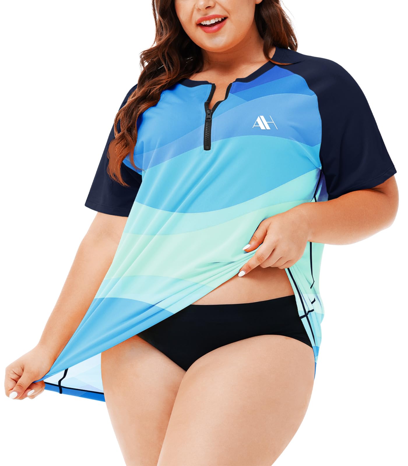 Damen Rashguard Übergröße UV Shirt Schnelltrocknend Badeshirt 1/4 Zip Schwimmshirt