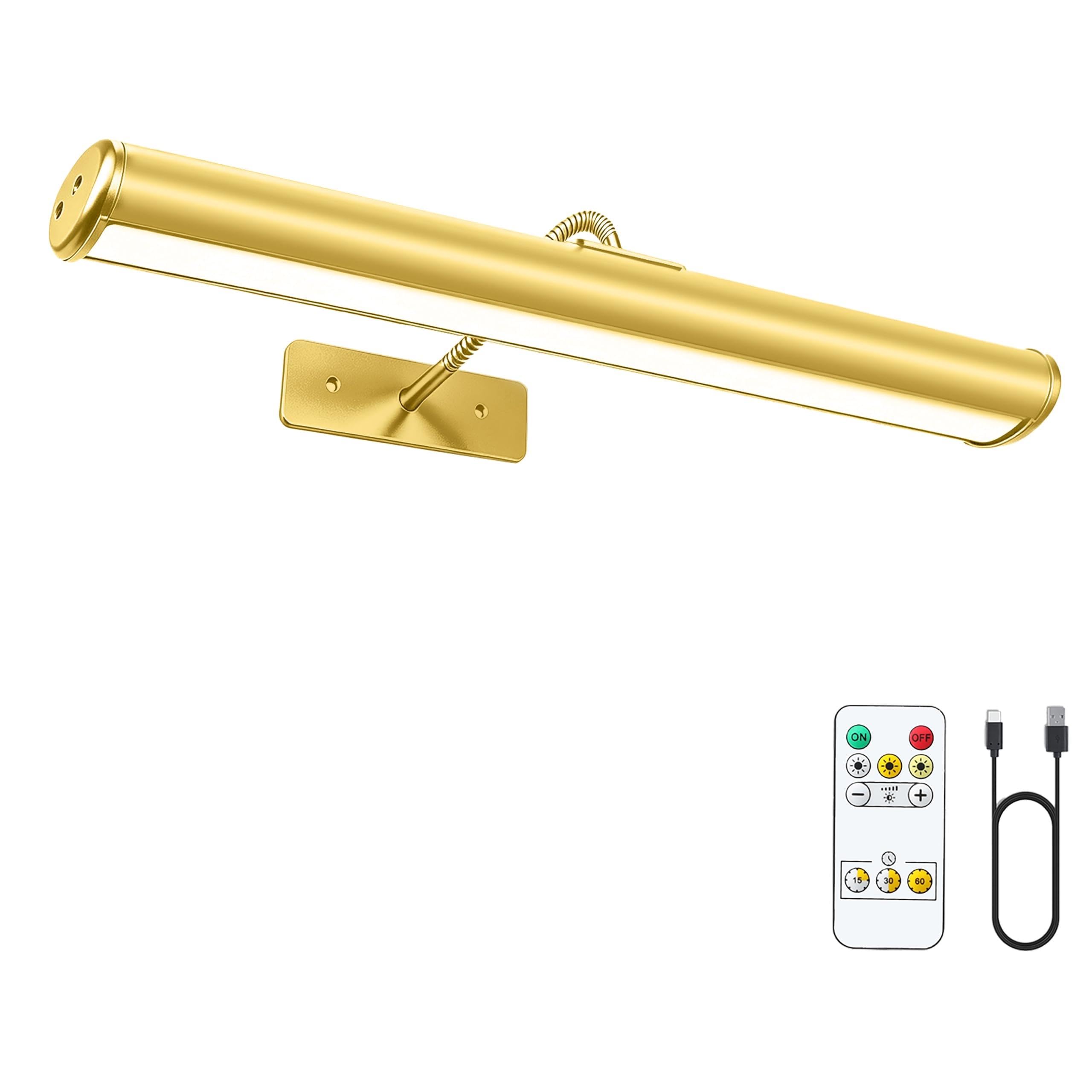 Wireless Picture Light with Remote, 6000mAh Rechargeable Wall Sconces for Wall Decor, 16in Dimmable Magnetic LED Art Display Light with 3 Color Modes for Artwork Posters Gallery (Gold)