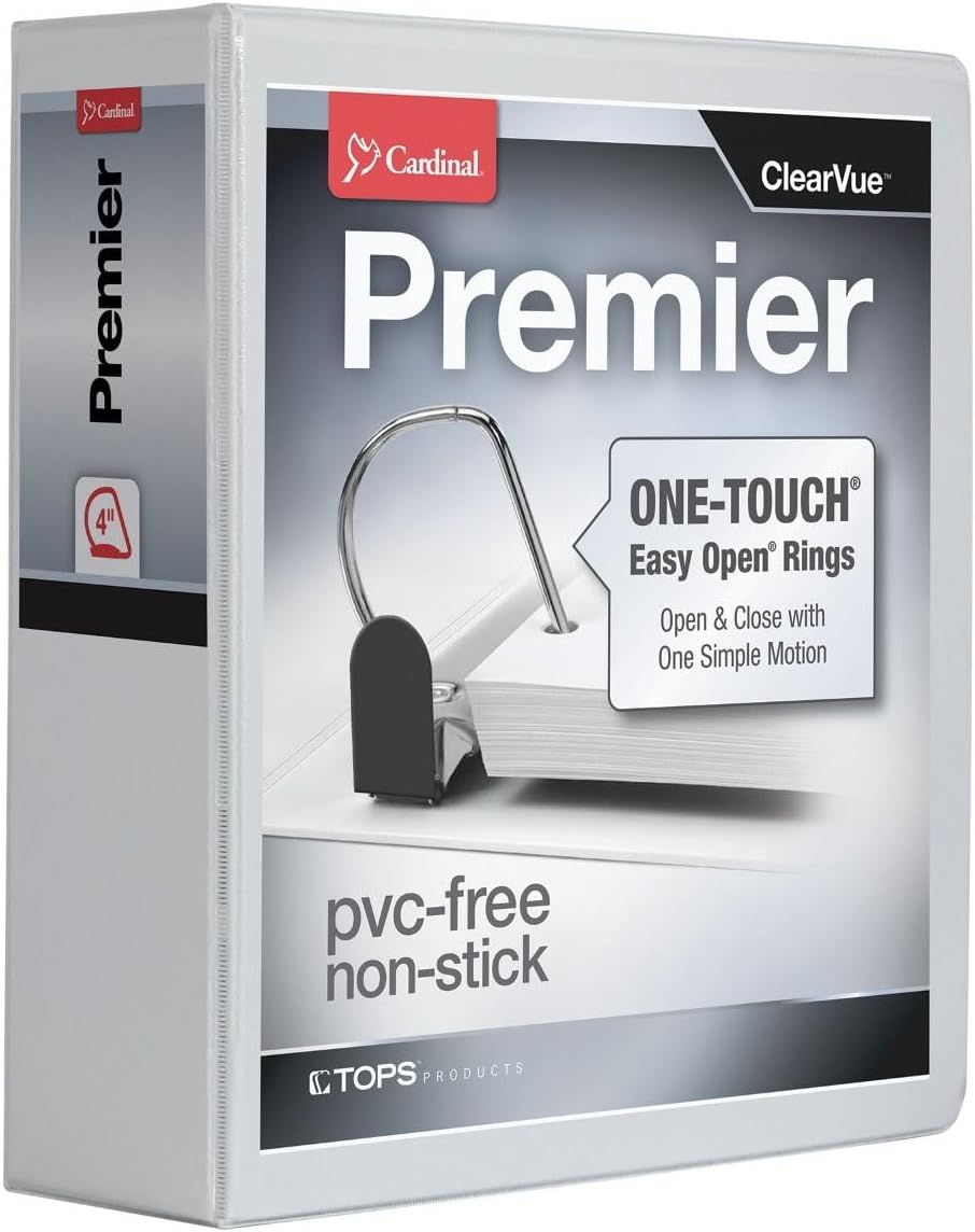 Cardinal 3 Ring Binder, Binders for School and Office, Durable 4 Inch Premier Easy Open Binder, ONE-Touch Locking Slant-D Rings, 880-Sheet Capacity, ClearVue Cover, PVC-Free, White (10340CB)