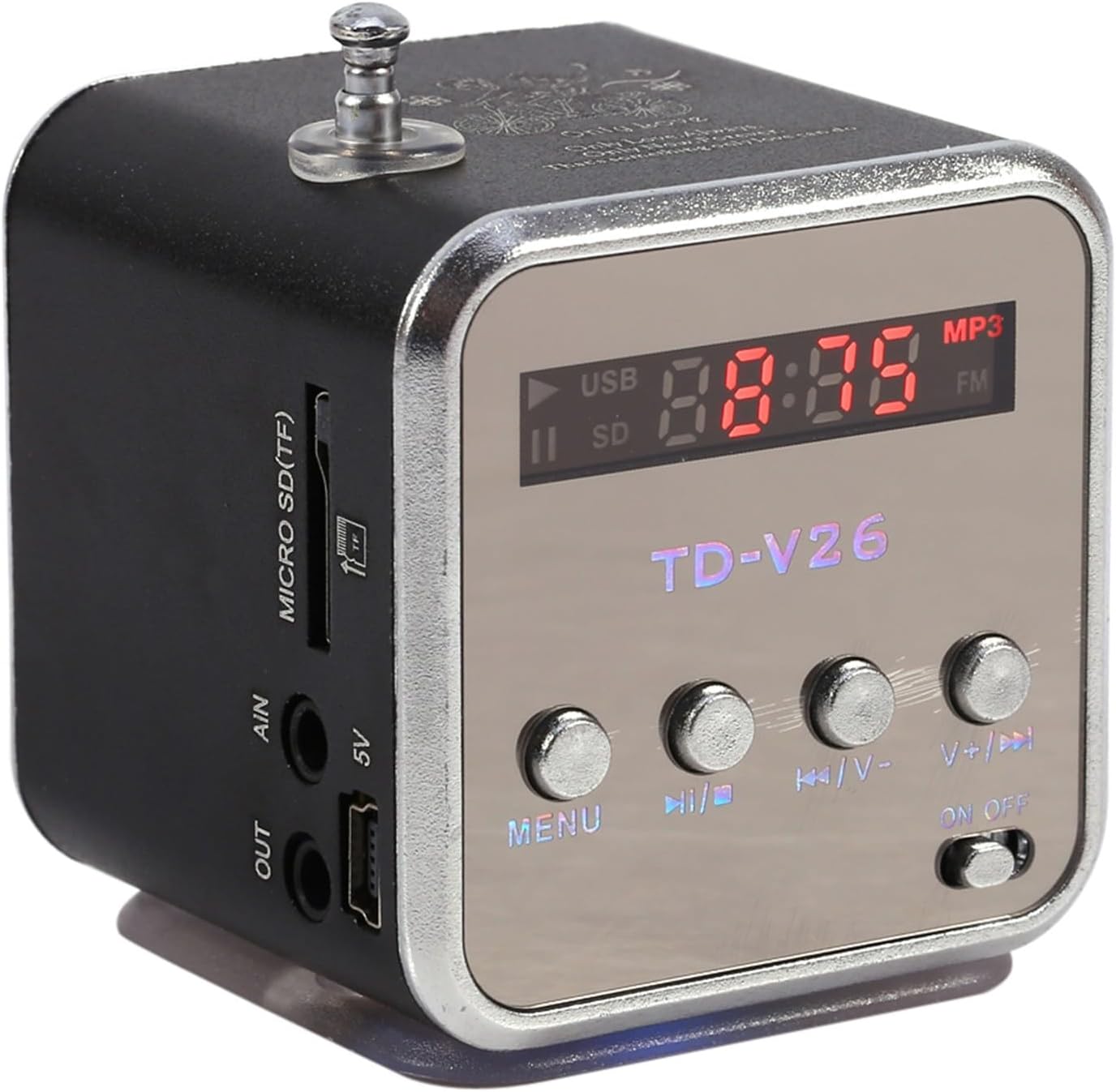 Ejoyous Mini Portable Speaker TD-V26 front view with controls and ports