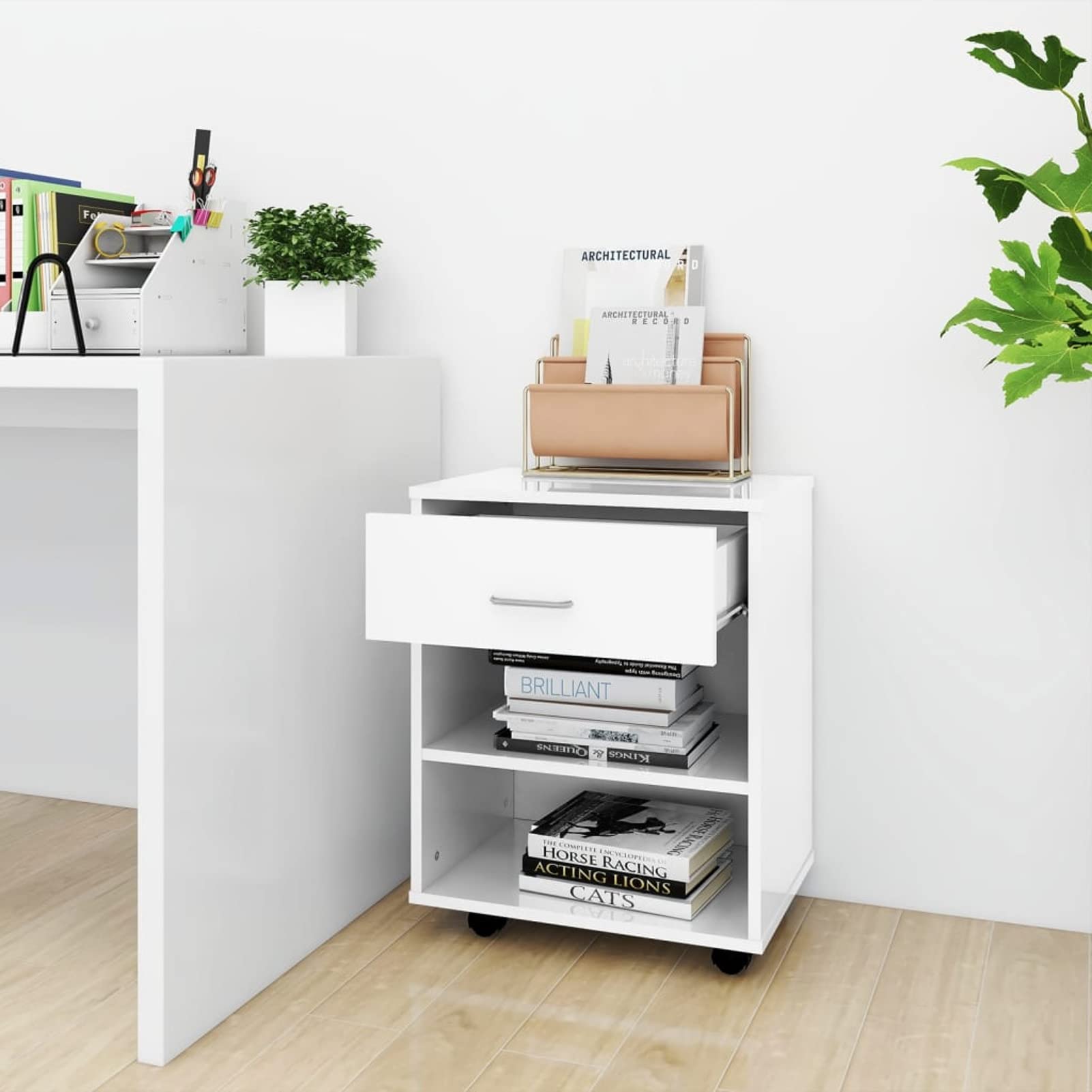 Mobiletto con Ruote Bianco Lucido 46x36x59 cm Legno Multistrato,Mobiletto con Rotelle,Armadi Archivio,Mobiletto Basso,Mobiletto-808473