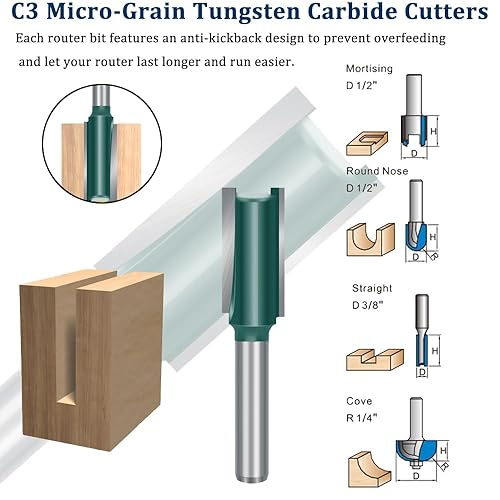 Miniatura 3 de TAIWAIN - Juego de brocas de enrutador de 1/4 de pulgada, 41 piezas, cortador de fresado de madera para panel de gabinete, riel y tile, inglete de