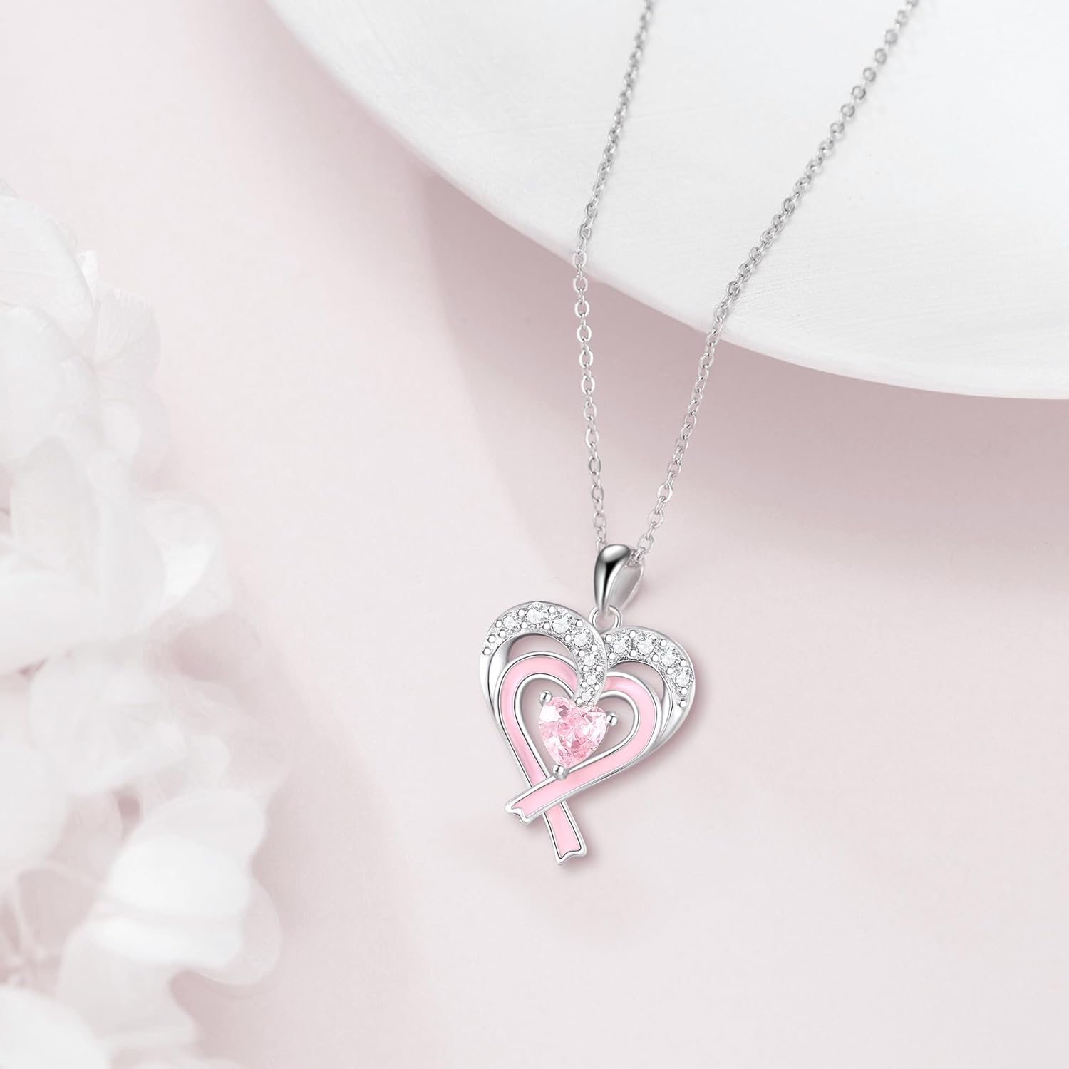 Breast Cancer Awareness Necklace 925 Sterling Silver Heart Pink Ribbon Pendant Breast Cancer Survivor Jewelry Gifts for Women