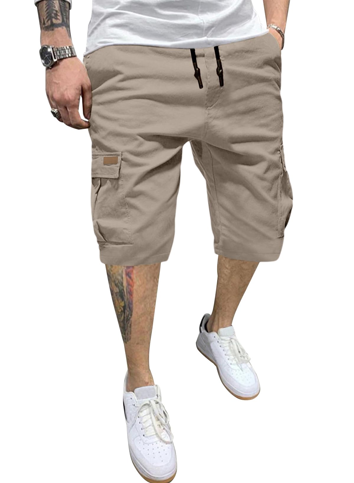 JMIERR Mens Casual Cotton Twill Cargo Shorts Drawstring Classic Chino Stretch Short with 6 Pockets