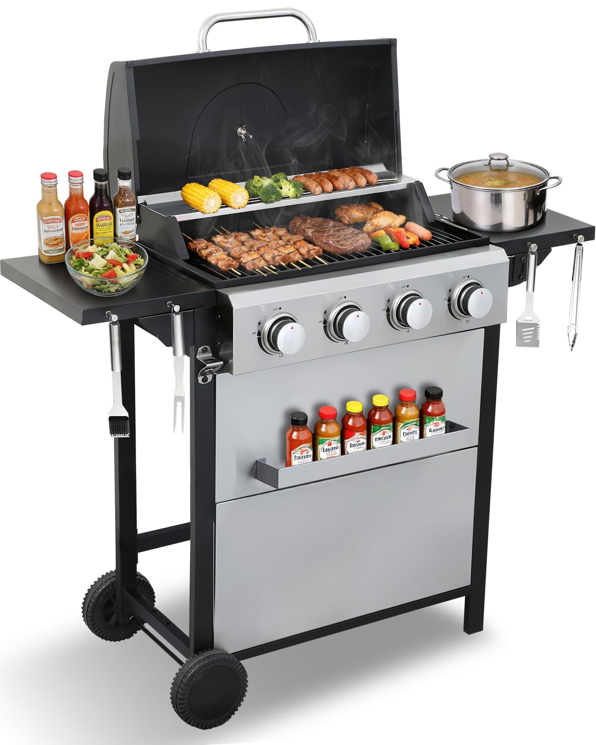 Ideamaxx 4-Burner Gas Grill with Foldable Shelves