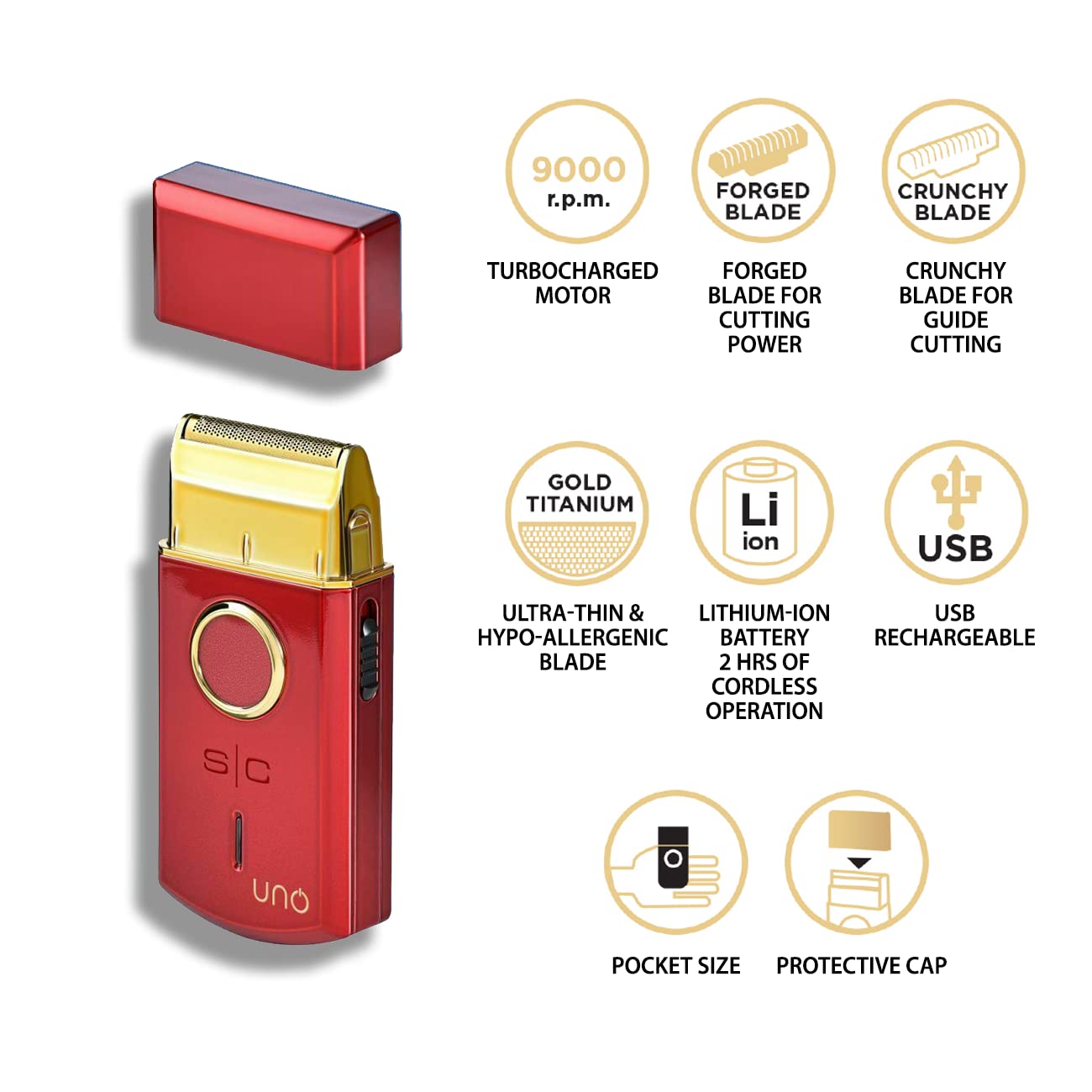 Stylecraft Afeitadora Eléctrica Profesional para Hombre, Barba y Pelo, 120 min Autonomía Sin Cable, Lámina Titanio Dorado Hipoalergénica, Portátil, Ergonómica
