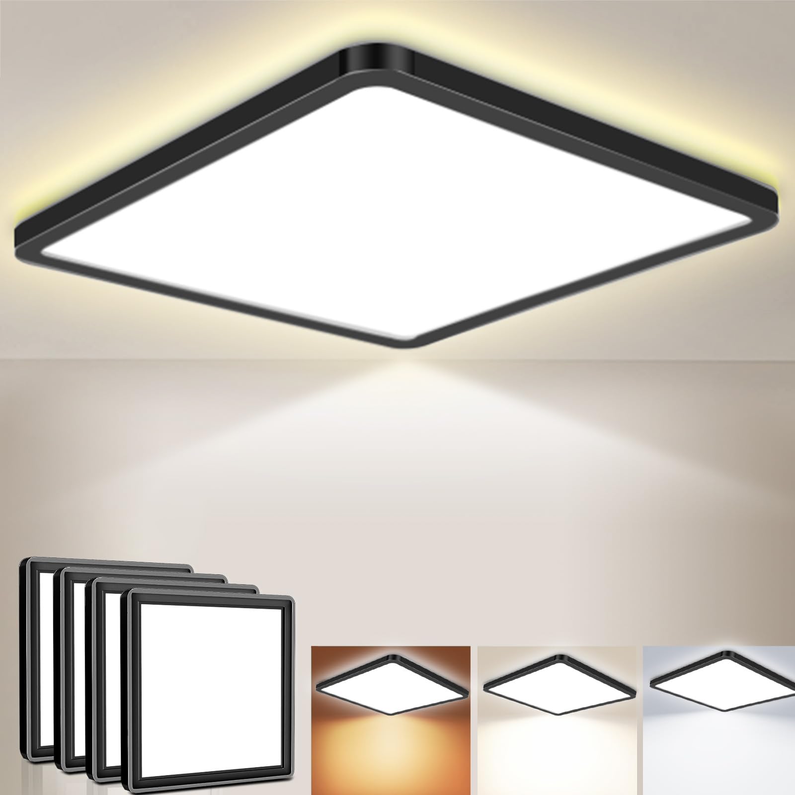 Fynokst 23CM LED Ceiling Light 18W 1800LM, 3000K/4000K/6500K 3 Color Temperature, IP54 Waterproof Bathroom Light, Modern Square LED Ceiling Light for Bedroom, Kitchen, Hallway, Black 4Pack