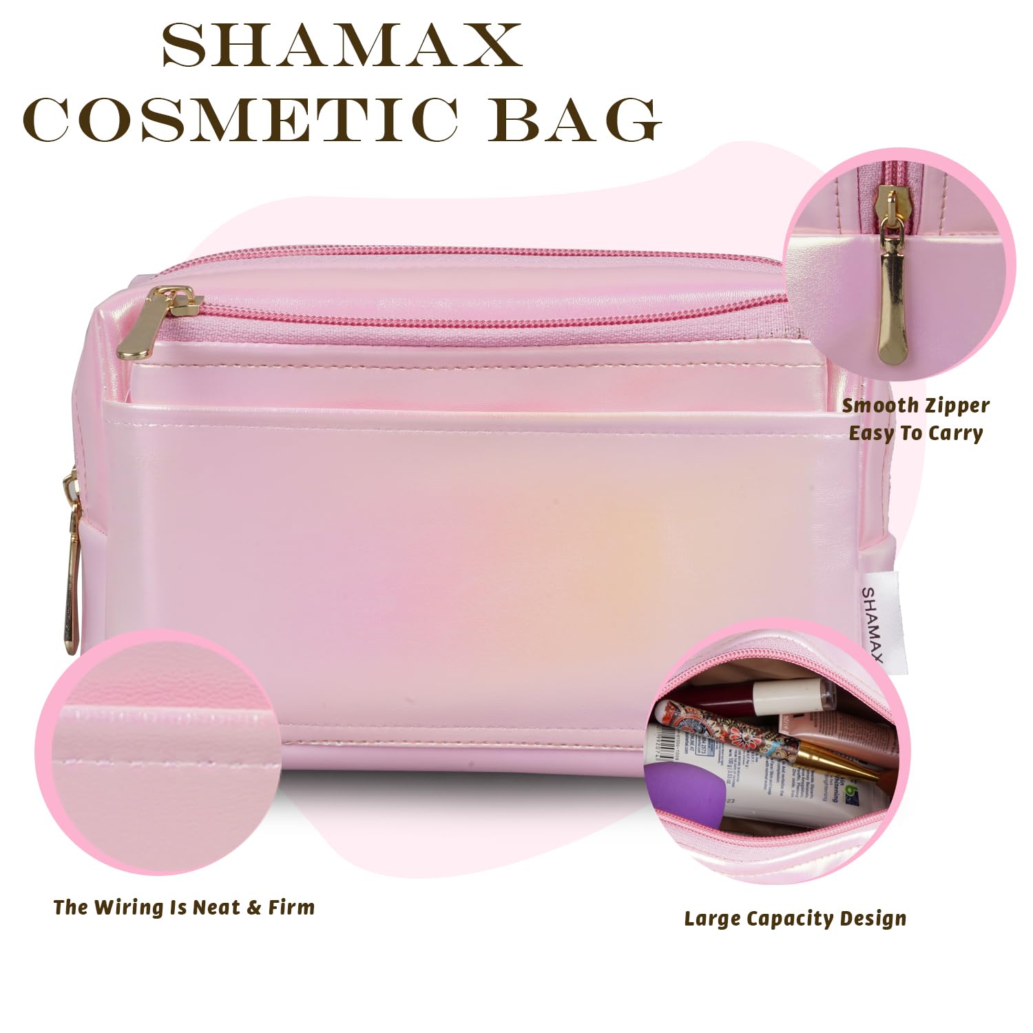Shamax® Pouches, Makeup Organizer, Cosmetic Travel Organizer Pouch,Zipper Closure Portable Makeup Pouch, Stationery Bag for Students Girls Adults Office with Pockets, Toiletry Bag(Pack of 2) (Pink) 4