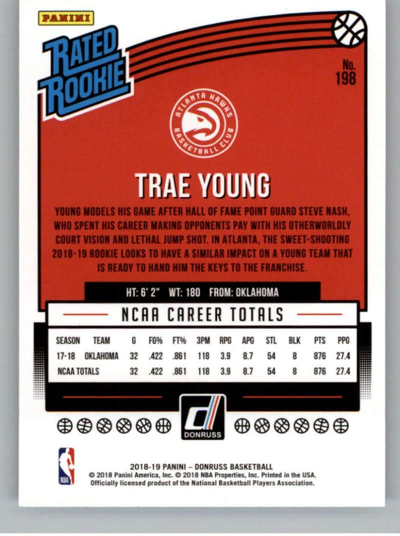 2018-19 Donruss Basketball Card #198 Trae Young Rated Rookie RC Rookie Card Atlanta Hawks Official Panini NBA Trading Card