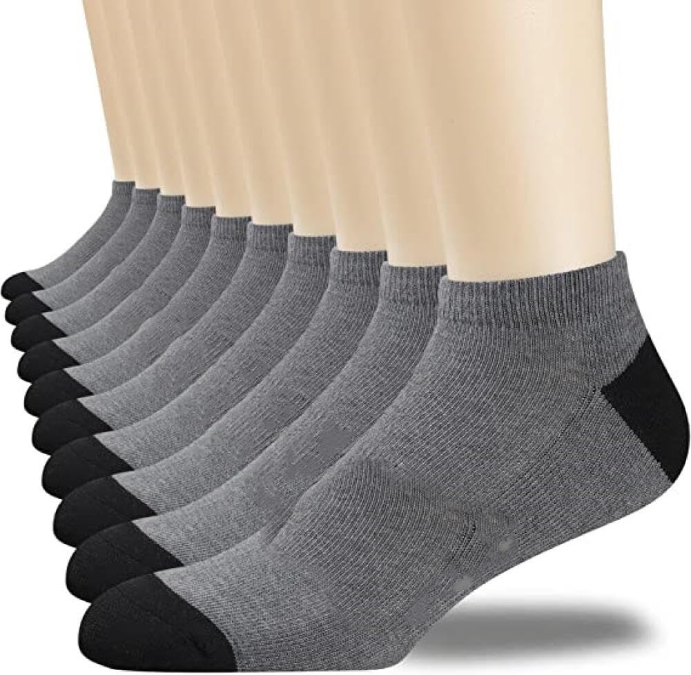Amuer 10 Pairs Men's Athletic Ankle Socks, Breathable Cotton Low Cut Cushioned Running Sock, Comfort Casual Moisture Wicking Short for Fitness Exercise Barefoot Workout - Grey