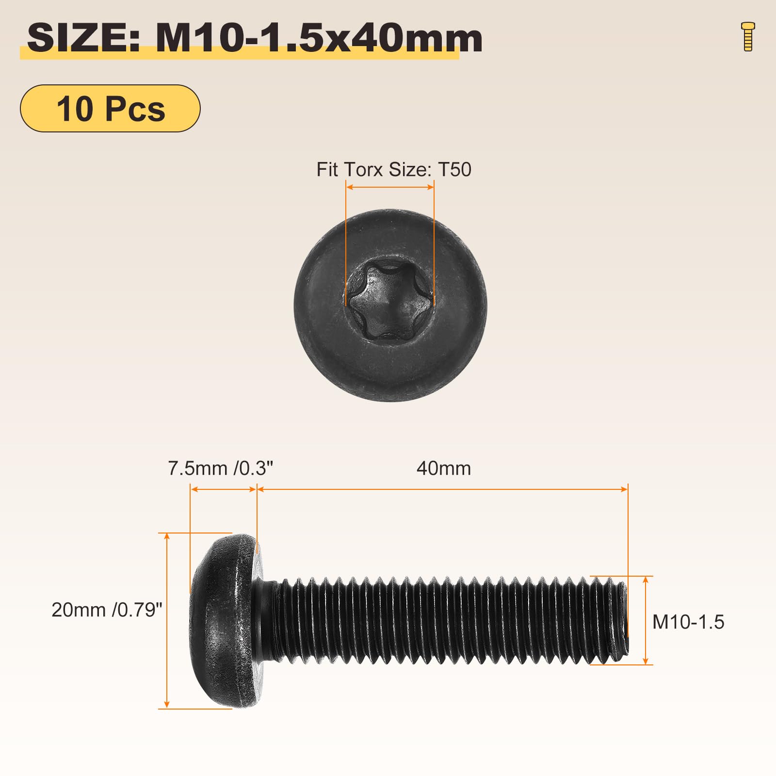 METALLIXITY Pan Head Torx Security Screws Bolts (M10-1.5x40mm) 10Pcs, Button Torx Head Machine Screws Carbon steel - Image 2