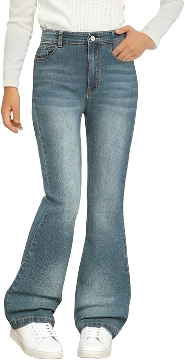 Girls Flare Jeans Cute Y2K Trendy High Waist Bell Bottom Denim Pants | Back to School Clothes for Tween Girl,Flared Leg,Bootcut Slim Fit Trousers with Pockets,Teens Casual Streetwear 8-14 Years