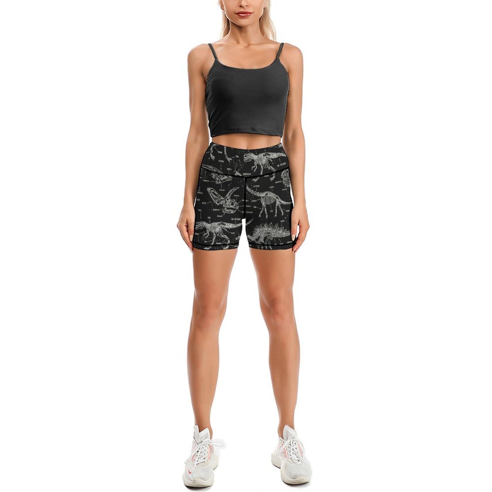 Cmagnifico Women's Black Dinosaur Aosifa Sport Short, Short High Waisted Yoga Shorts For Gym Workout Running Cycling