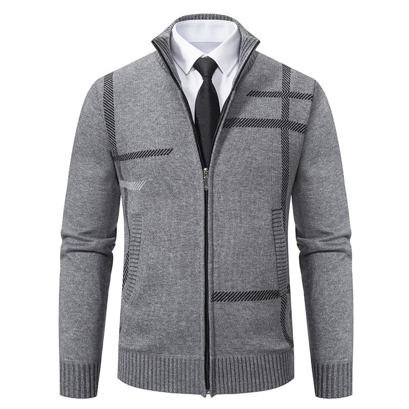 OFFSUM Cárdigan De Punto Para Hombre - Cárdigan De Punto Con Cuello Alto Y Cremallera Frontal De Terciopelo Cálido A La Moda De Color Liso Con Parches Y Bolsillo Chaqueta Abrigo Superior