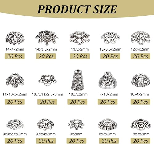 Miniatura 2 de PH PandaHall 300 tapas de cuentas, 15 estilos de cuentas de flores, espaciadores de cuentas de aleación, cuentas espaciadoras para aretes, pulseras,