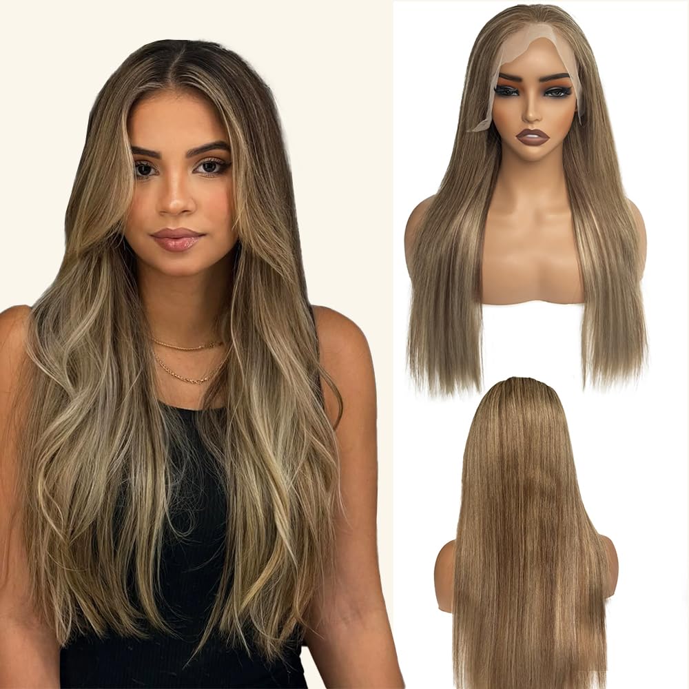 Belaved 6T6P18 13x4 Ombre Lace Front Wigs Human Hair for Women Ash Brown to Blonde Highlights HD Straight Lace Frontal Wig Human Hair 18 Inch 150%