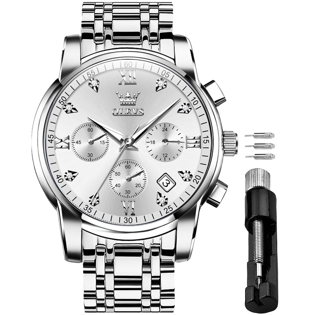 OLEVS Men's Waterproof Watches Stainless Steel Waterproof Chronograph Wrist Watches Luxury Dress White Luminous Big Face Analog Quartz Male Watches
