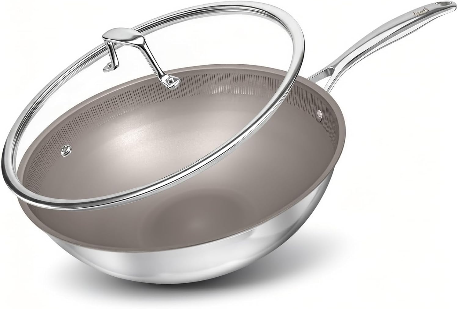 Titanium Wok Pan with Lid – 12" Non-Toxic PFAS-Free Woks & Stir-fry Pans, Tri-Ply Titanium & Stainless Steel, Induction & Dishwasher Safe