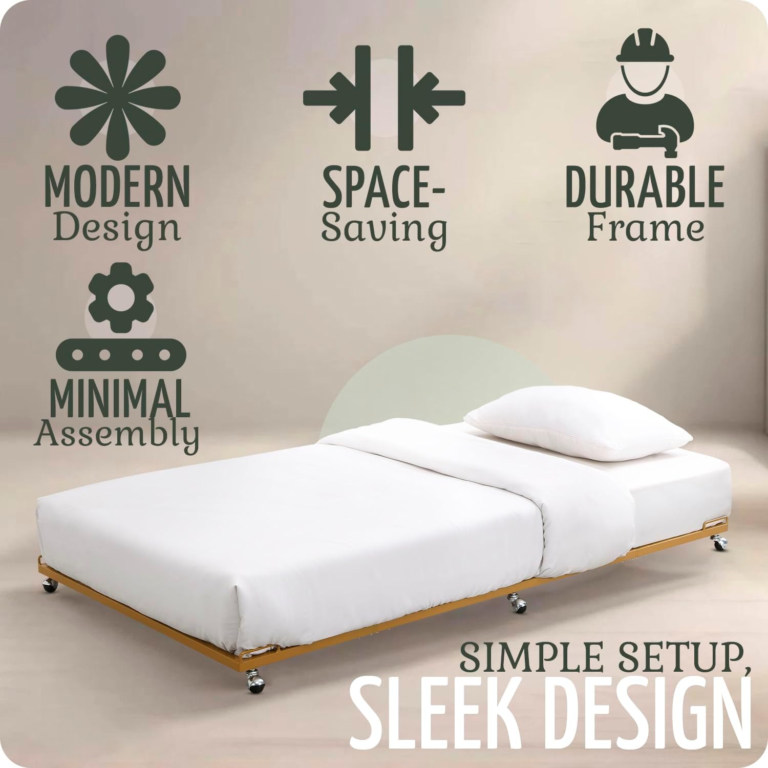 Kings Brand Furniture Twin Metal Trundle Bed Frame with Slats Support & Wheels, Roll-Out Pull Out Bed for Daybed, No Box Spring Needed for Bedroom or Guest Room (Honey Mustard)