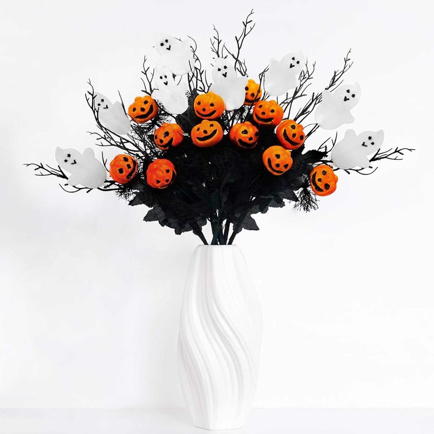Halloween Decorations Indoor with Pumpkins and White Ghost, Halloween Centerpieces Decor for Tables, Vase Fillers, Artificial Flowers Festive Ornaments and Picks(5PCS) Orange Pumkin