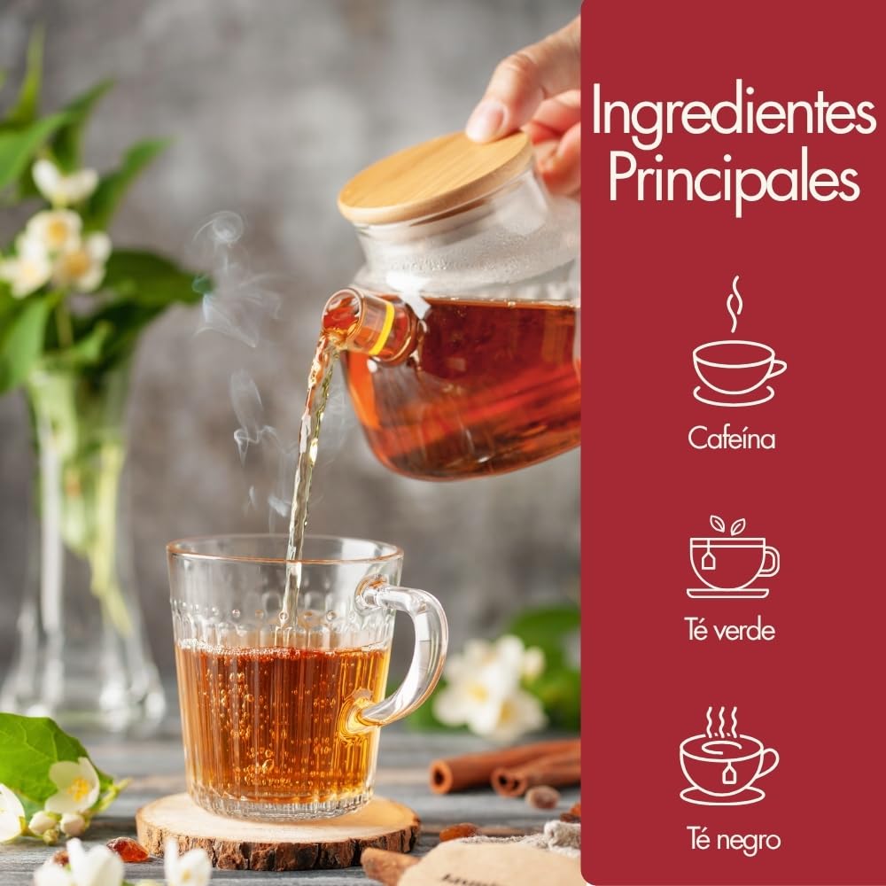 Termogénico Quemagrasa Potente 60 Raciones 102 Gr. Té T-Kontrol en Polvo formulado con Té Negro y Verde. Infusión quemagrasas Vegana Natural en 5 Sabores (Melocotón - Frutos del Bosque)