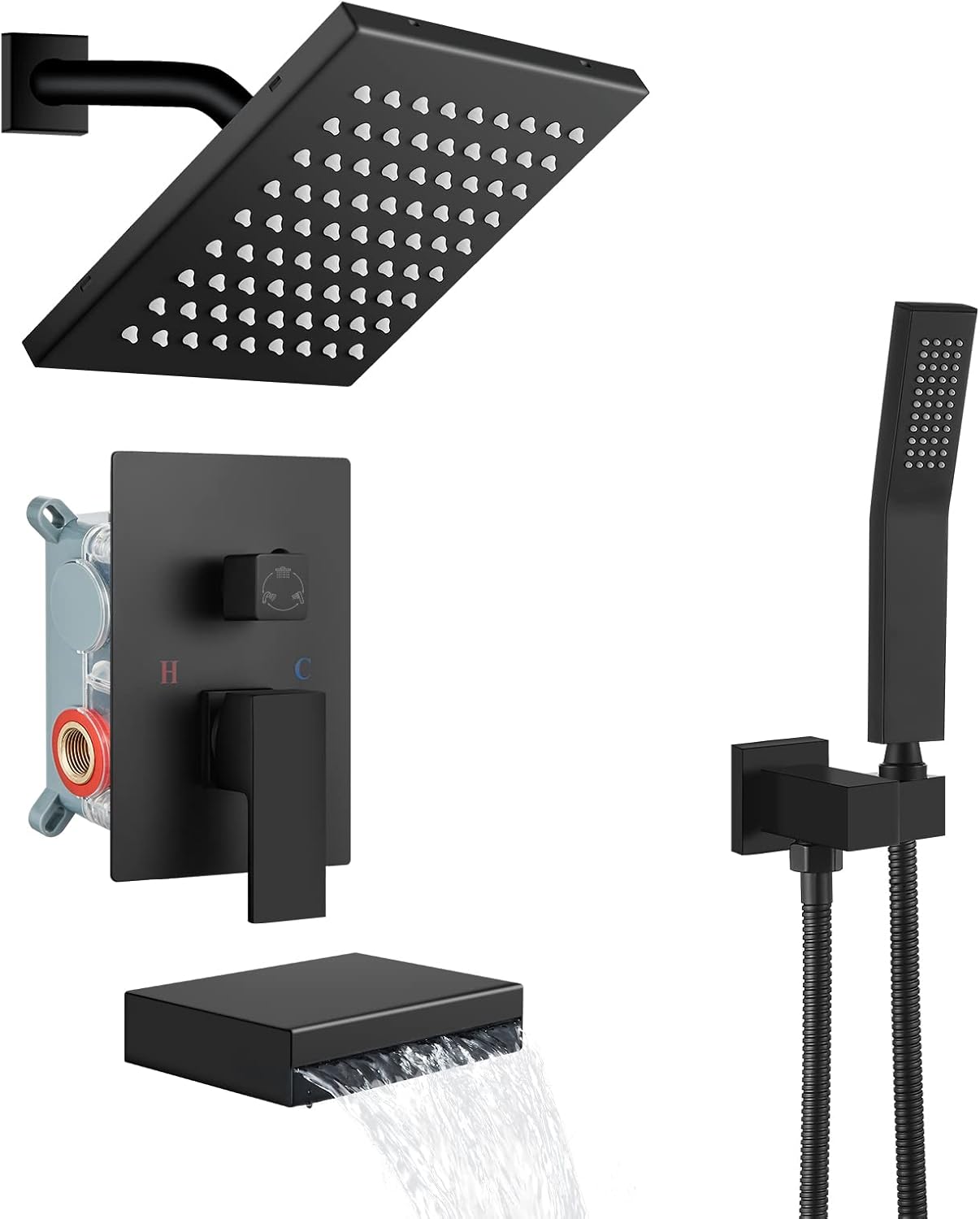 Aolemi Matte Black Rainfall Shower System 8 Inch Shower Head Combo Set Waterfall Tub Filler Handheld Shower Luxury Pressure Balance Rough-In Valve Included Wall Mount Bathroom Shower Mixer Faucet