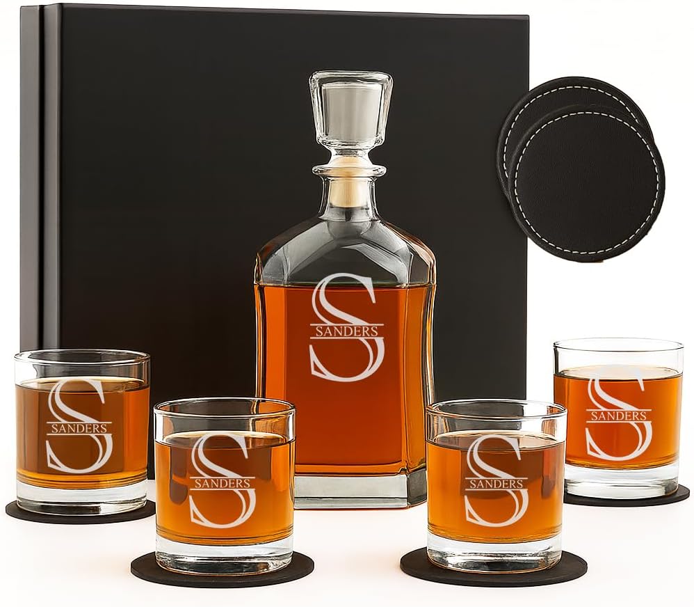 Froolu Personalized Whiskey Decanter with Engraved Wood Gift Box - Custom Scotch Gifts for Men on Fathers Day, Birthday, Anniversary & more - Great Man Cave Addition