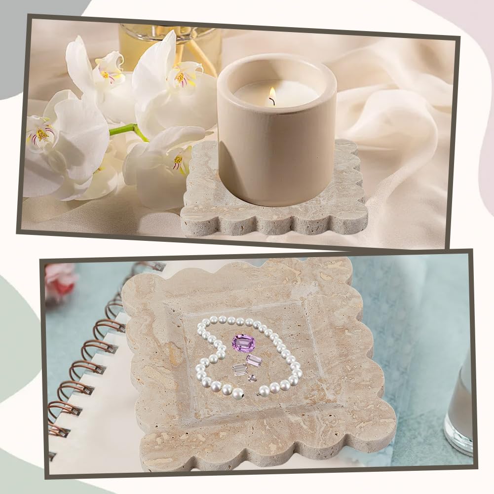 CREATCABIN Bandeja Decorativa de Travertino Bandeja de Mármol para Joyas Bandeja Cuadrada Beige para Tocador de Baño Soporte para Platos de Cocina Borde Festoneado de Almacenamiento 20.3x20.3x1.75cm