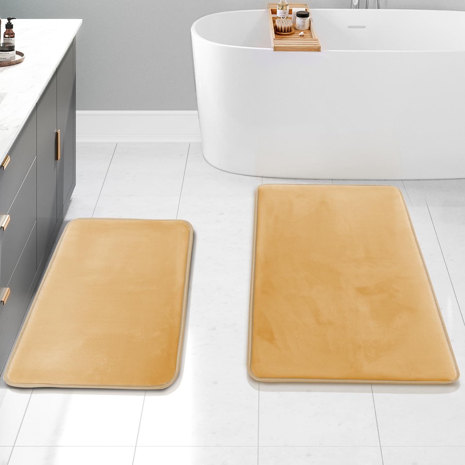 Clara Clark Bathroom Rugs, Velvet Memory Foam Bath Mat, Non-Slip, Machine Washable Bath Rugs - Ultra Soft Bath Mats for Bathroom, Dries Quickly, Bathroom Rug Set of 2 - Cream