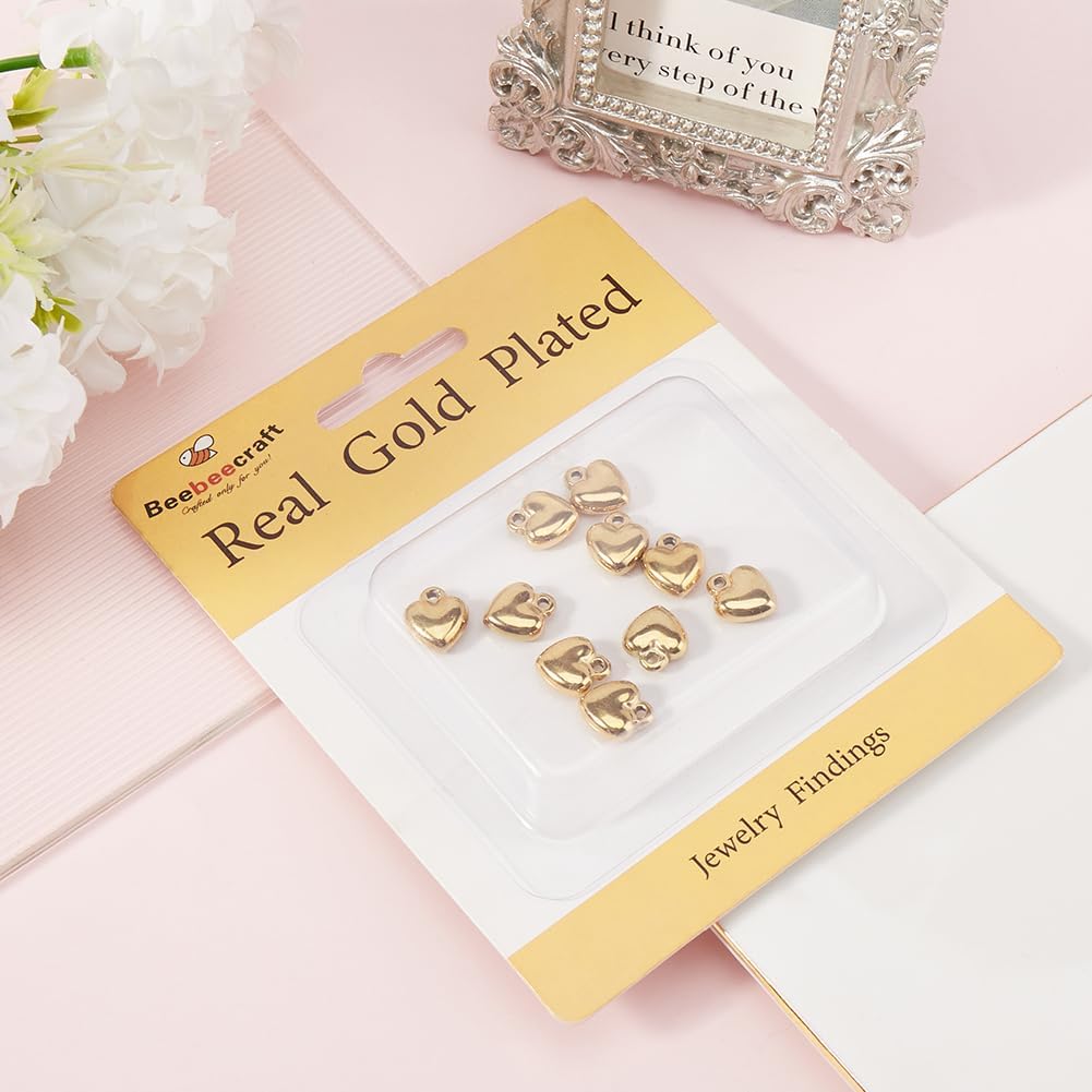 Beebeecraft 1 Box 10Pcs Gold Heart Charm 18K Gold Plated 304 Stainless Steel Puffy 3D Love Shape Charms with Loop for Memorial day DIY Jewelry Making (11x12.5x4.5mm)