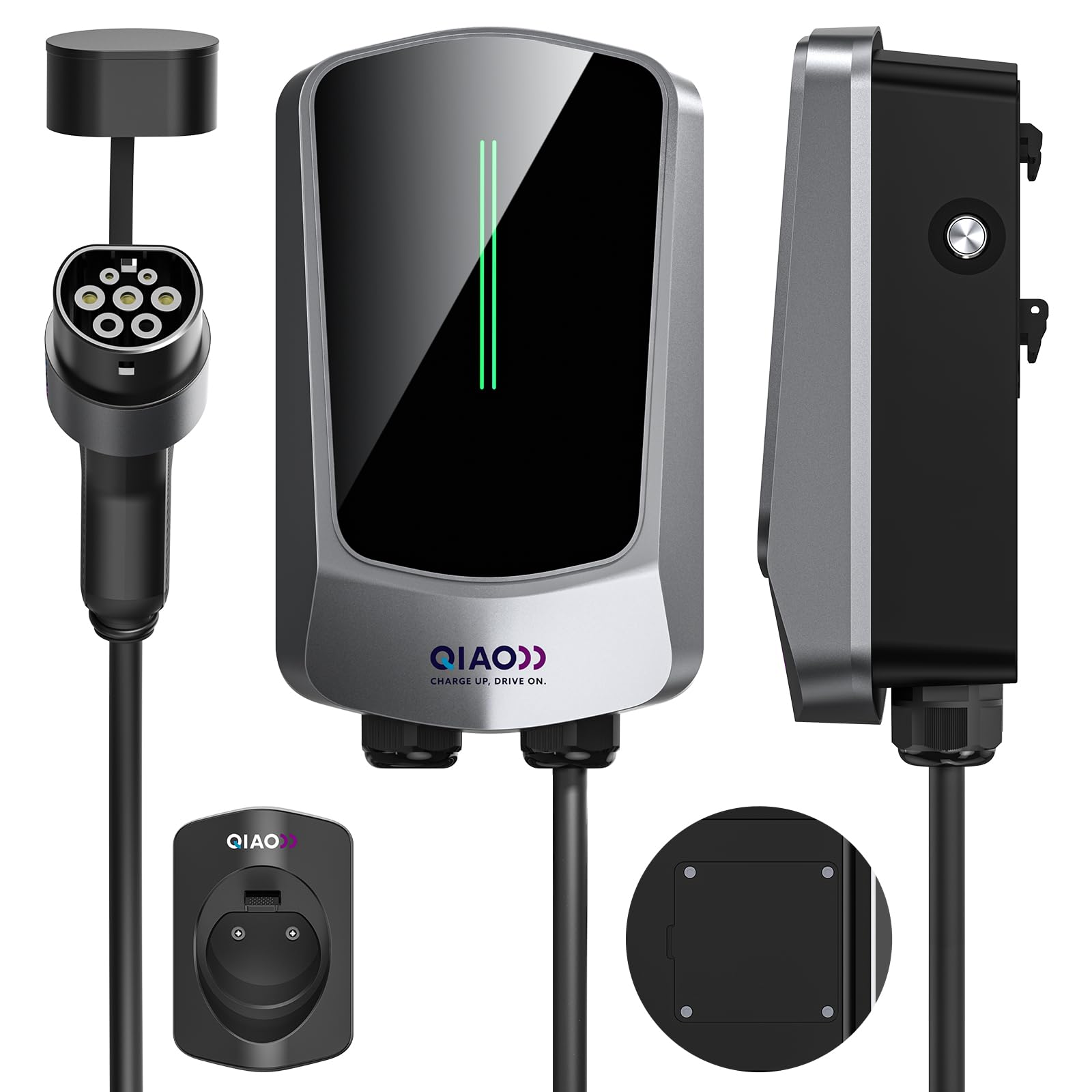 QIAO 11kW EV Charger Type 2 Wallbox with 5M Charging Cable, Max. 3-Phase 16A Wall Mount Electric Vehicle Charging Station with LED Display, IEC 62196-2 Home EV Wall Charger with EV Cable Tidy Holder