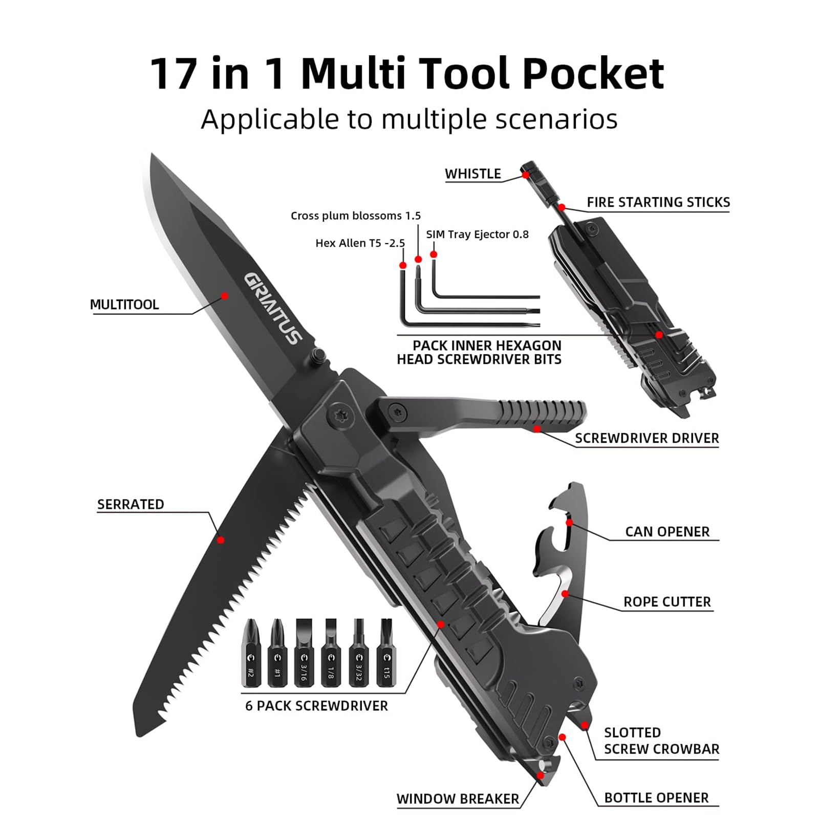 Navaja Multiusos 17en1 Herramientas Multiusos Cuchillo con Palillos para Encender Fuego, Abrelatas, Sierra, Silbato, Regalos para Hombres Mujer Papa