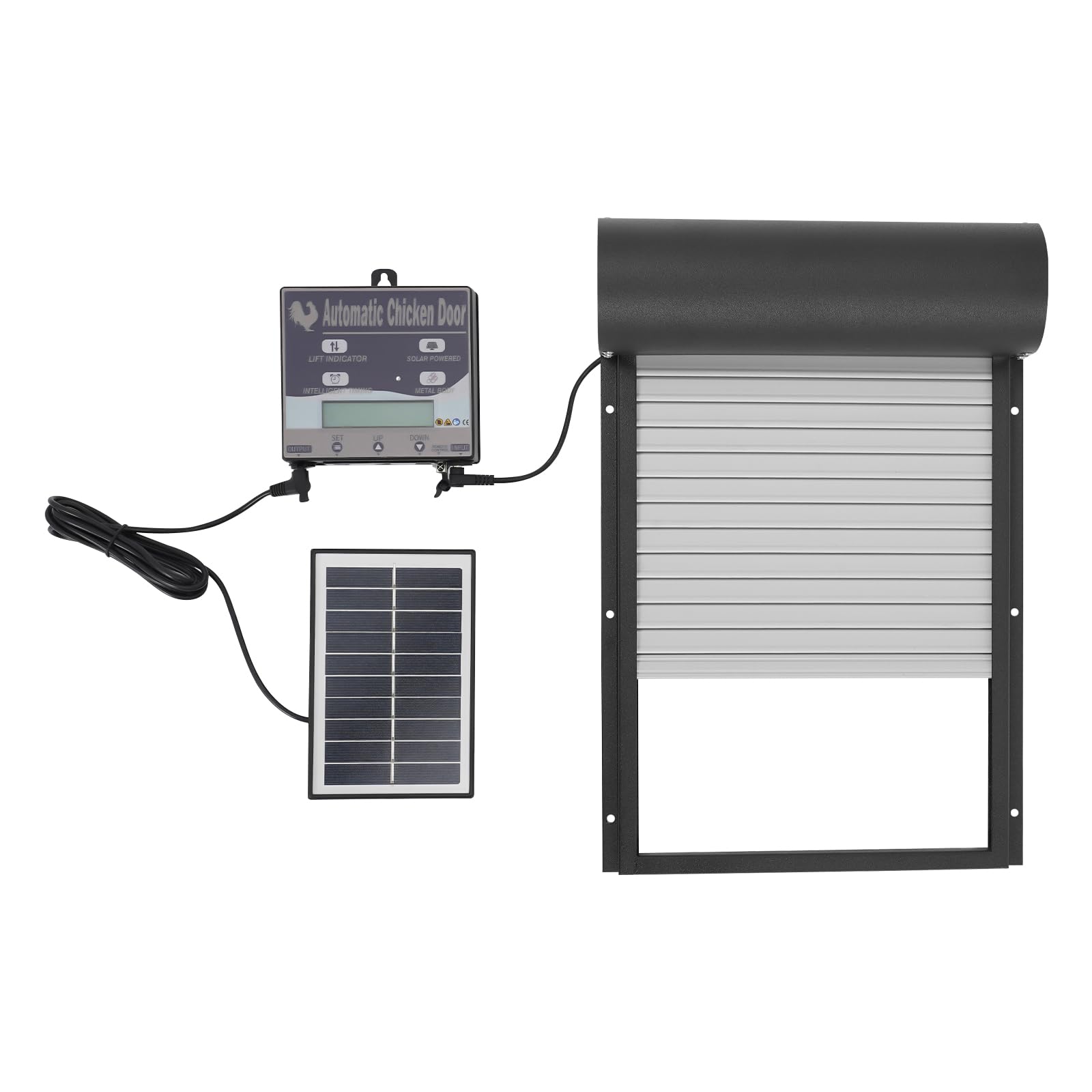 Puerta de pollo automática solar con pantalla LCD, 24,5 x 37 cm, tapa eléctrica con mando a distancia y temporizador, sensor de luz para su gallinero (negro)