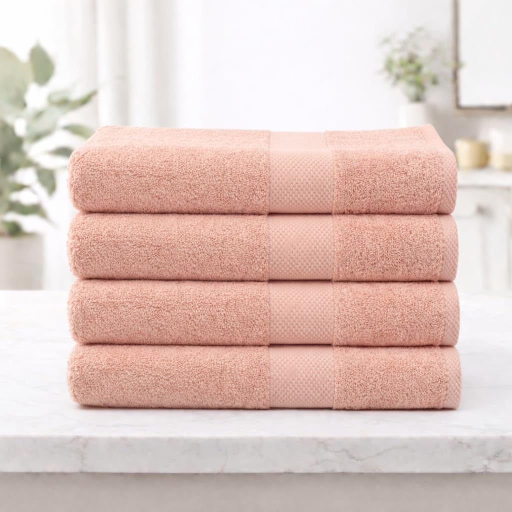 Premium Combed Cotton Bath Towels 150 x 75 cm Pack of 4, 550 GSM Super Soft Highly Absorbent Terry Bathroom Towels Gentle Durable Cotton Towels for Shower Spa and Daily Home Use Peach