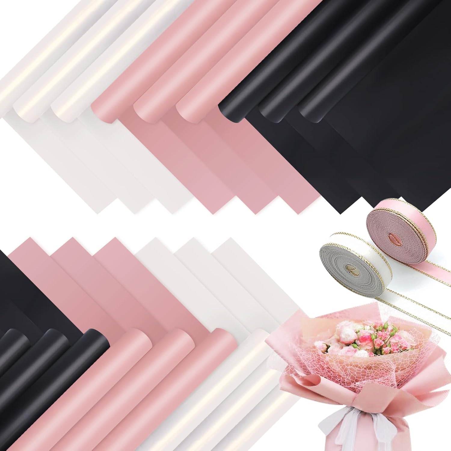 Whaline 60Pcs Floral Wrapping Paper with Ribbons Folded Flat Black White Pink Waterproof Flowers Bouquet Paper Double Sided Packaging Paper for Wedding Birthday Mother's Day Flower Shop DIY Craft