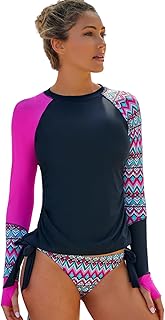 Conjunto de tankini de manga larga para mujer, con estampado de bloques de color, traje de baño deportivo