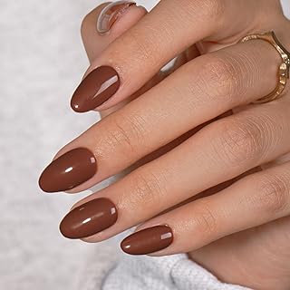 KQueenest Dark Brown Press On Nails Short Oval - Acrylic Press On Nails with Glue, Almond Short Fake Nails Press ons, Glossy Opaque Reusable Soft Gel Glue on Nails for Women Fall Winter, 24 Pcs