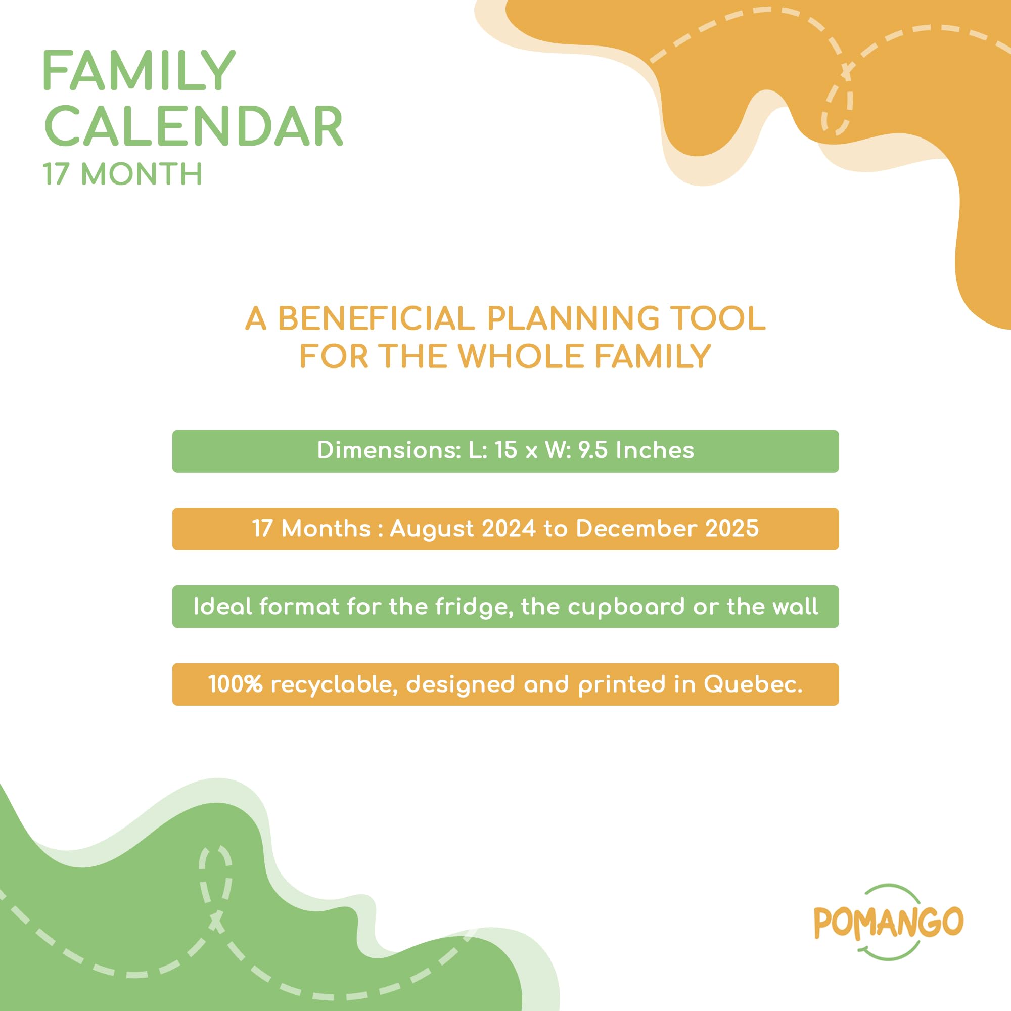 POMANGO Calendario familiare 2026 inglese, 17 mesi, pianificatore familiare: da agosto 2025 a dicembre 2026, 38 x 48 cm, striscia magnetica, 600 adesivi, blocco note, edizione 2025-26 con app mobile