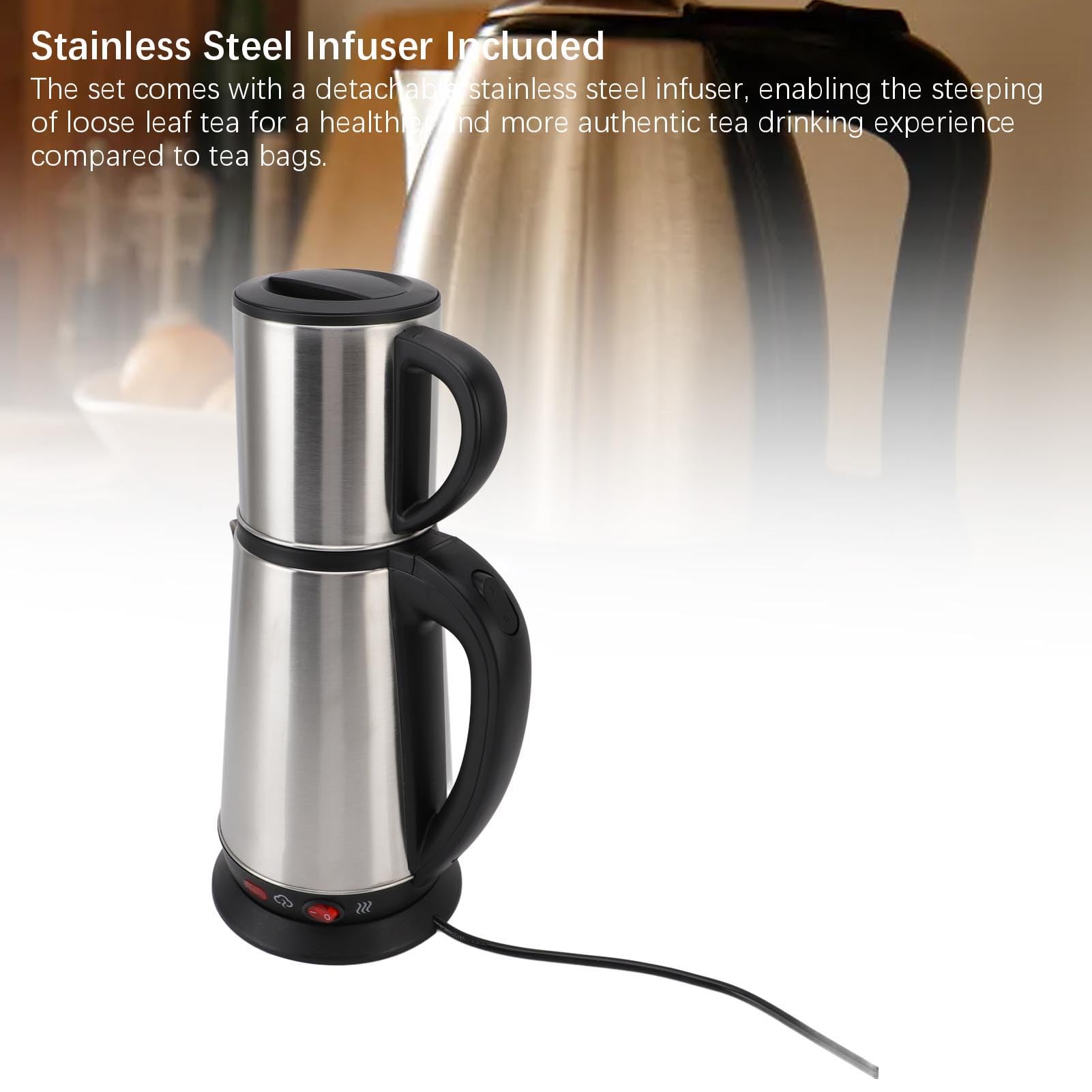 Alomejor Juego de Tetera Turca Eléctrica de Acero Inoxidable, Tetera Doble para Cocina Casera, de Hierbas Negra, Turca de Acero Inoxidable de 1L y 2L para Reuniones Familiares (Enchufe de la UE 220V)