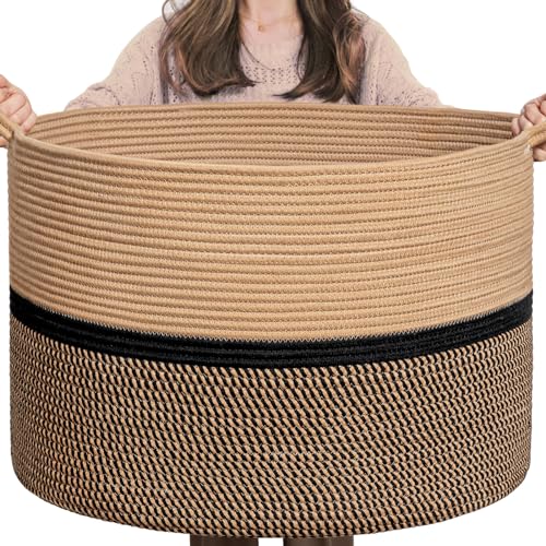 Image of CHICVITA XXL Extra Large Cotton Rope Woven Basket, Throw Blanket Storage Basket with Handles, Decorative Clothes Hamper - 22" x 22" x 14", Black