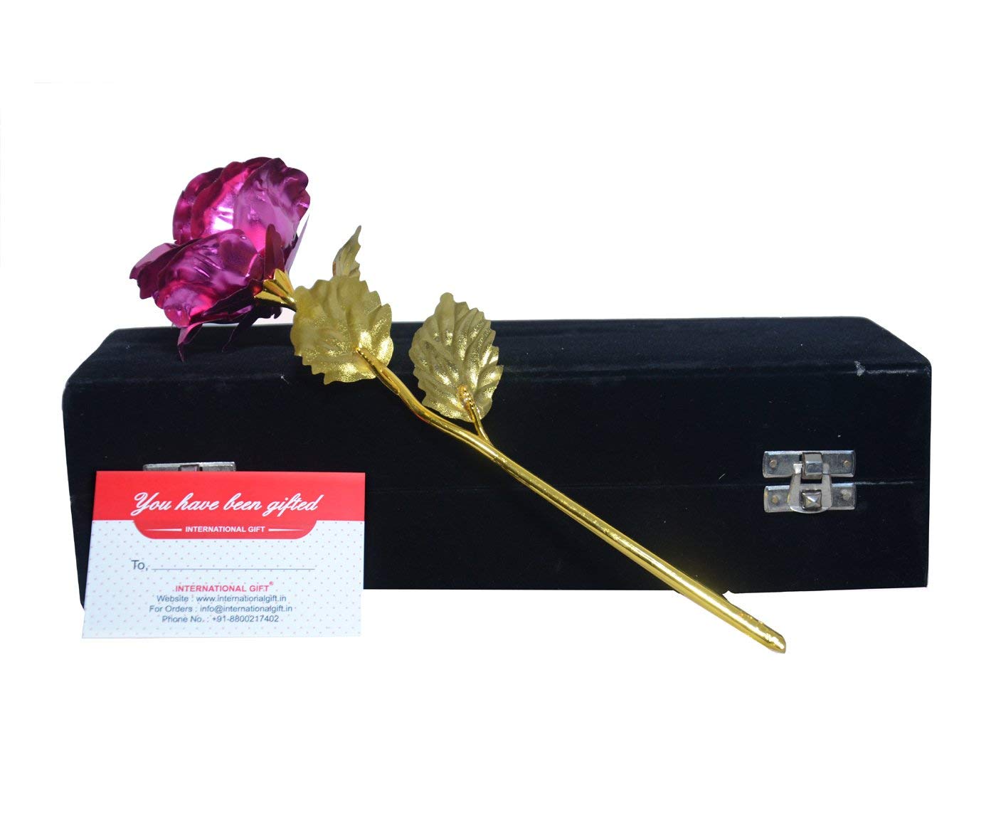 INTERNATIONAL GIFT® Pink Rose Flower with Golden Leaf and Black Gift Box | Valentine’s Day Gift for Cute Romantic Love Present for Girlfriend, Boyfriend, or Partner-image-44
