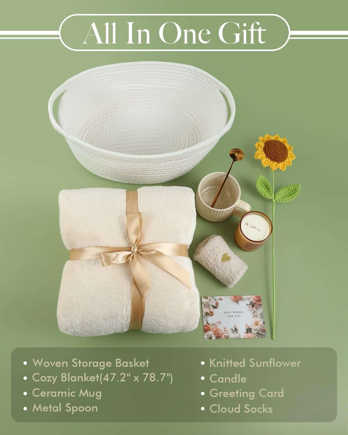 Sunflower Gift Basket for Women - Best Friend or Birthday Self Care Package with Cute Woven Basket, Cozy Blanket, Candle, Mug, Socks & Greeting Card
