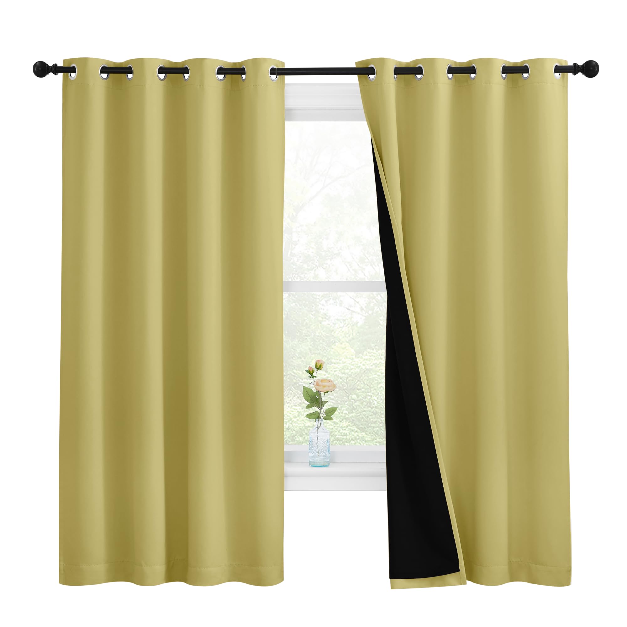 NICETOWN 100% Blackout Curtains with Black Liners, Thermal Insulated Full Blackout 2-Layer Lined Drapes, Energy Efficiency Window Draperies for Bedroom (Paler Yellow, 2 Panels, 55-inch W by 68-inch L)