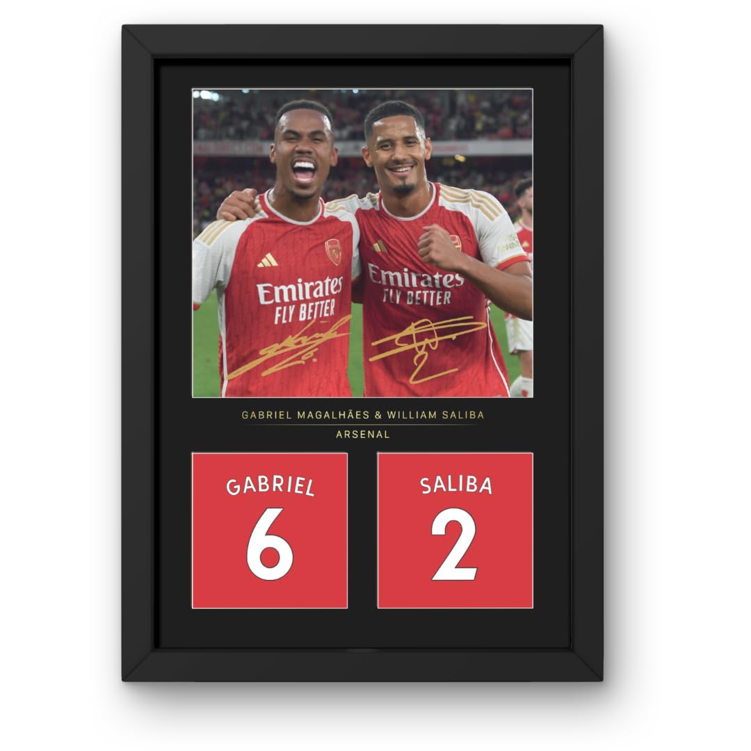 Win Fc Black Gabriel And Saliba Defensive Duo A4 Framed Photo Display - Reproduced Digital Signature - Gift For Arsenal Fans