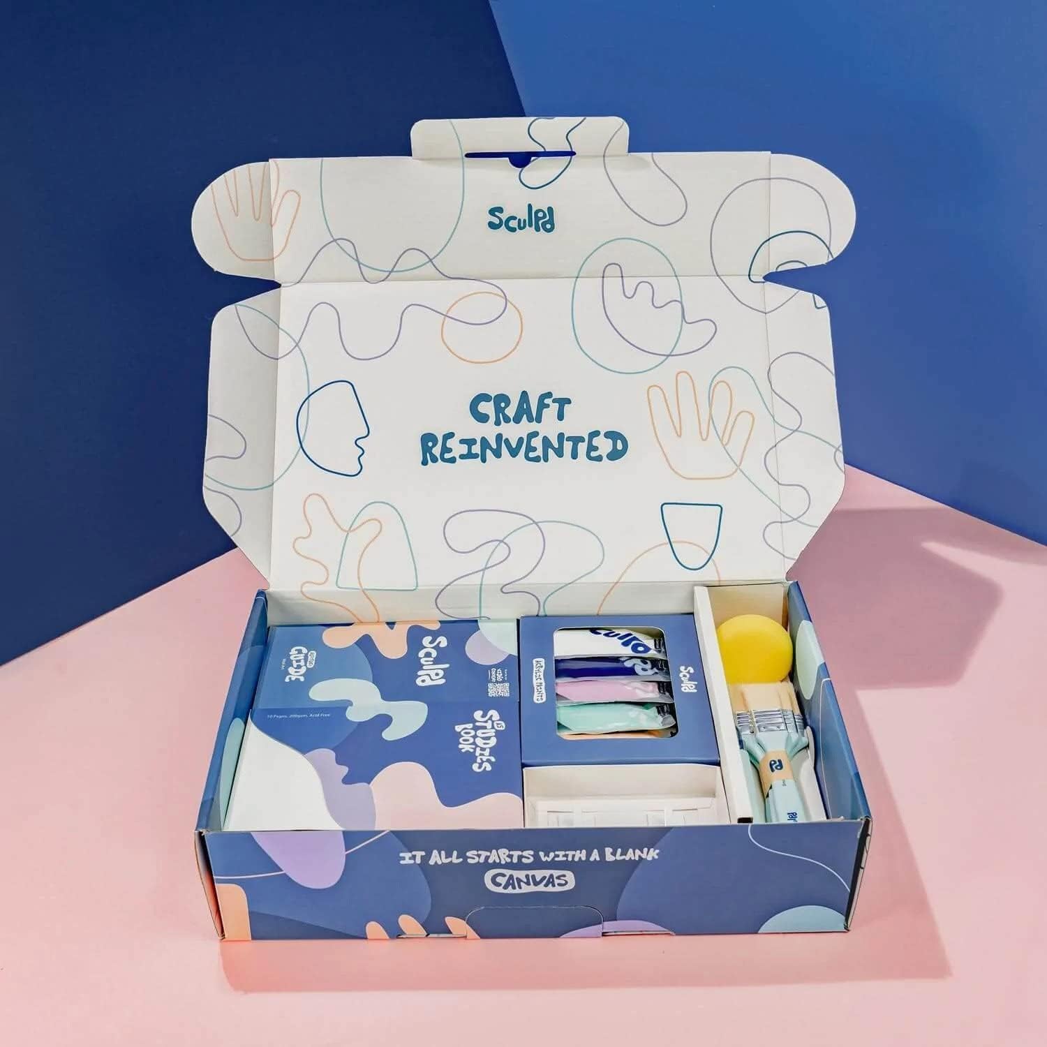 Sculpd Set für abstraktes Malen, abstrakte Malerei, 4 Acrylfarben, 2 Pinsel, Künstlerleinwand, weiterer Künstlerbedarf, Studienbuch und Anleitungen, geeignet für Erwachsene, Anfänger und Künstler